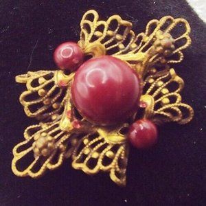 VINTAGE BORDEAUX WINE GLASS CABOCHONS FILIGREE GILDED PIN 7